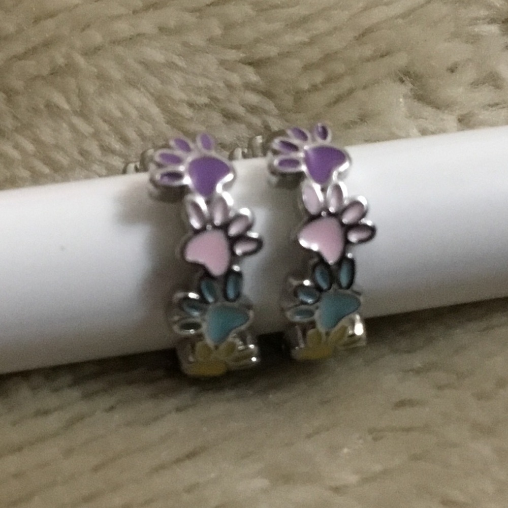 Silver Colorful Pet Paw Loop Earrings